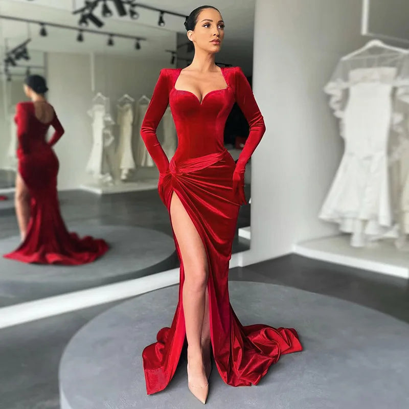 Women's Gown Long Dress - Gloves Sleeve Velvet Slit Maxi Ruched Dress