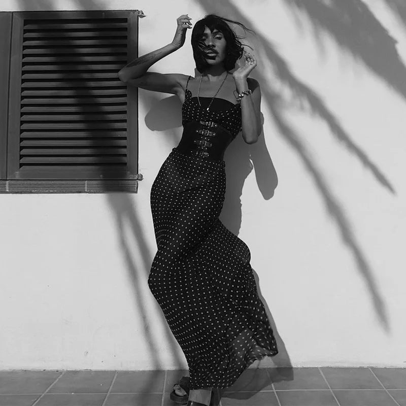 Women's Spaghetti Strap Polka Dot Maxi Backless  Mesh See Through Dress