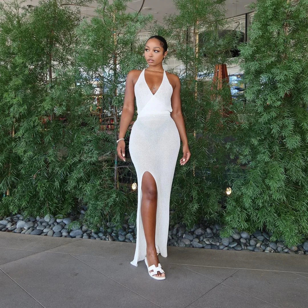 Women's Crochet Beach Maxi See Through Plunge Backless Bandage Sleeveless Lacing Split Long Dresses