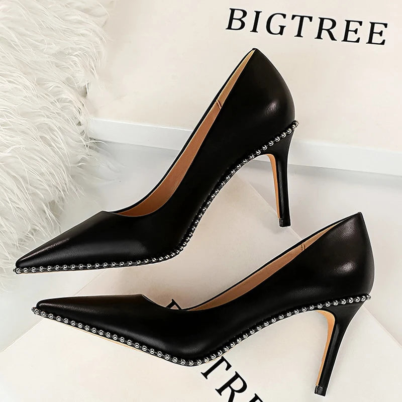 Women's Rivets String Bead PU Leather High Heels Shoes