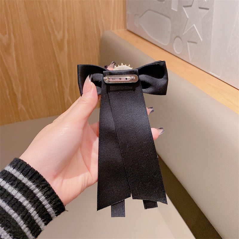 Ribbon Fabric Bow Tie Brooch - Crystal College Style Collar Pin