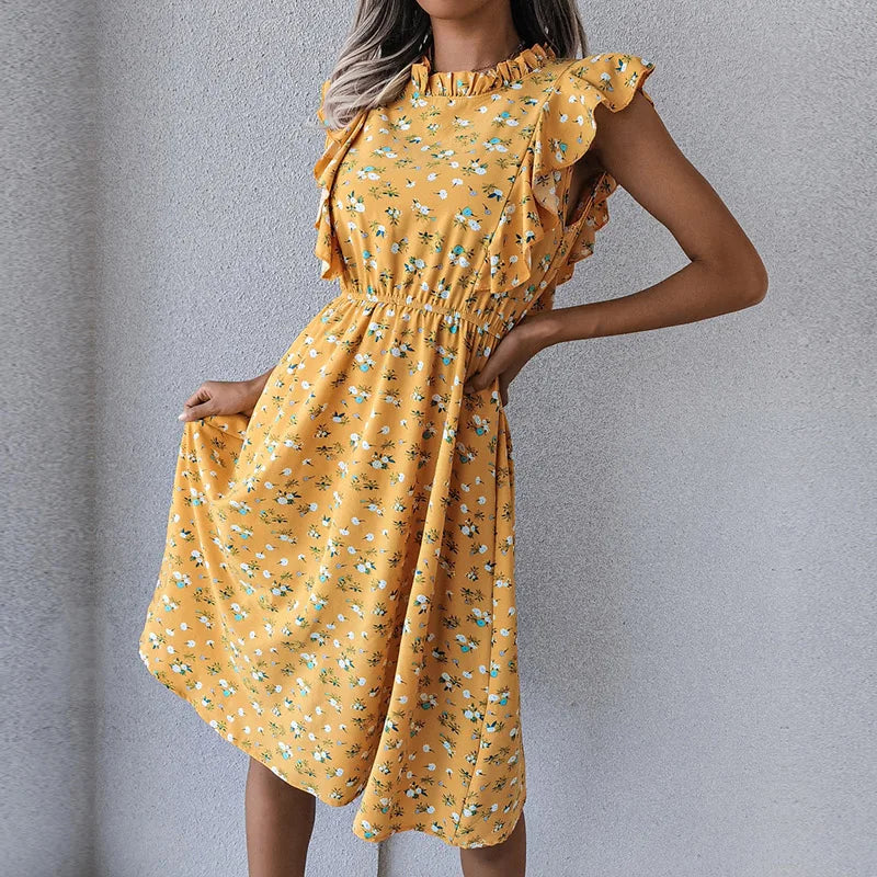 Women's Vintage Butterfly Sleeve Ruffles Heart Dot Print Medium Long Chiffon Spring Summer Dress