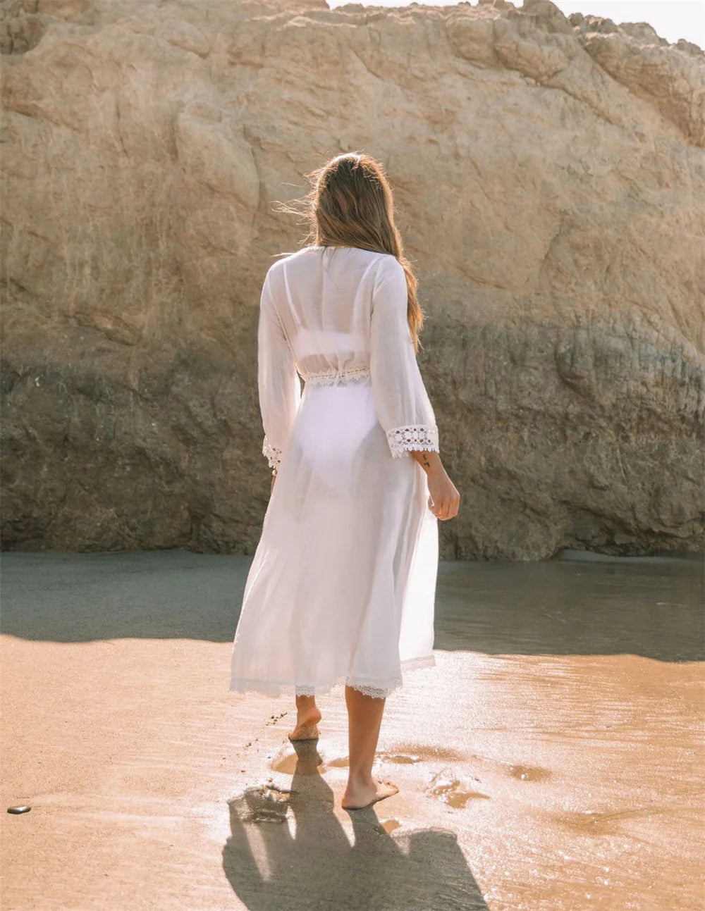 Women's Self Belted Long Lace Kimono Dress Bikinis Cover ups Beach Wear SwimSuit Cover Up robe