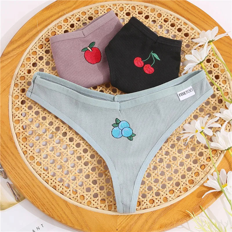 Women's Fruit Embroidery Thongs Cotton T-back Underpants G-string V Waist Underwear Bikini Lingerie