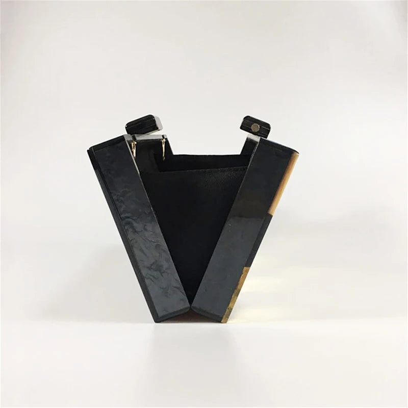 Stylish Black & Gold Glitter Rhombus Acrylic Evening Clutch - Luxury Party Chain Shoulder Bag