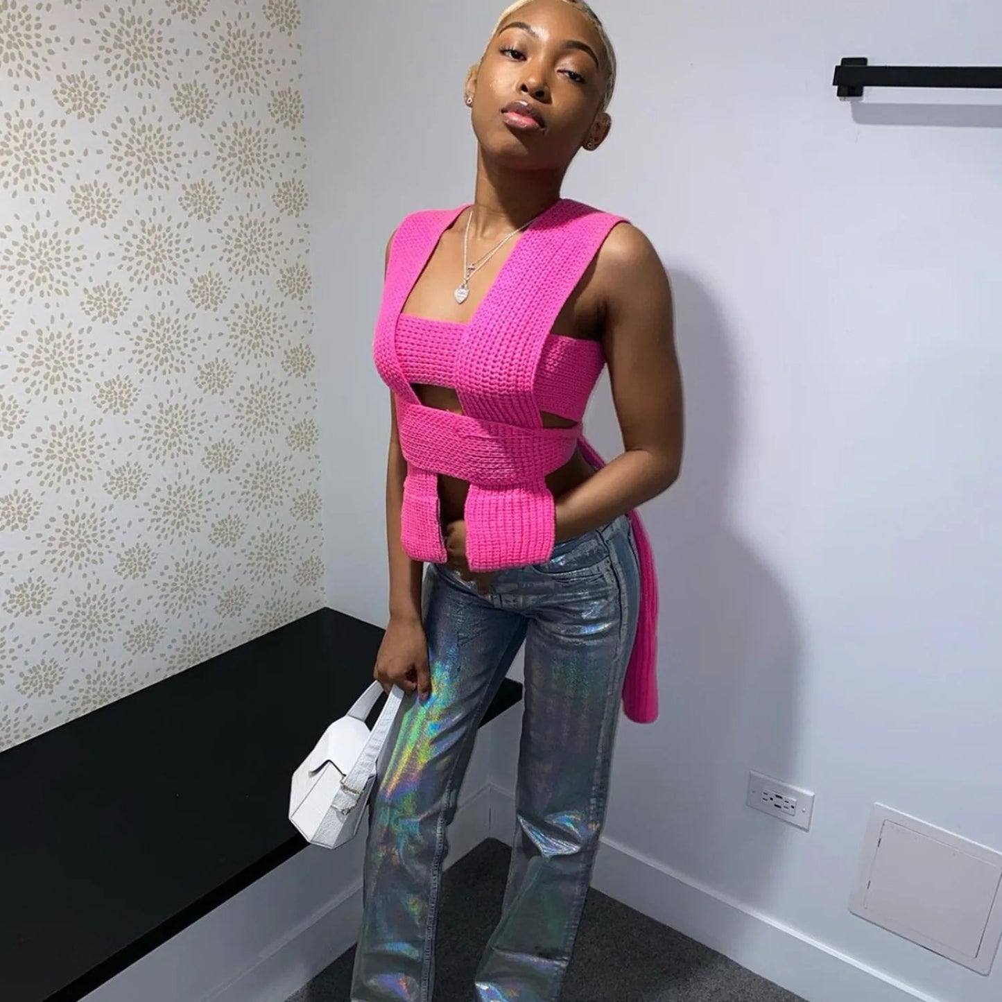 Women's Fall Winter Knitted Crop Top Sleeveless Pullover Bandage Sweater