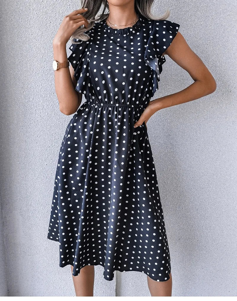 Women's Vintage Butterfly Sleeve Ruffles Heart Dot Print Medium Long Chiffon Spring Summer Dress