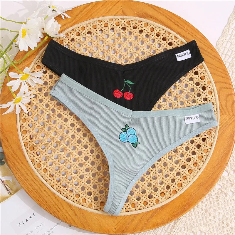 Women's Fruit Embroidery Thongs Cotton T-back Underpants G-string V Waist Underwear Bikini Lingerie
