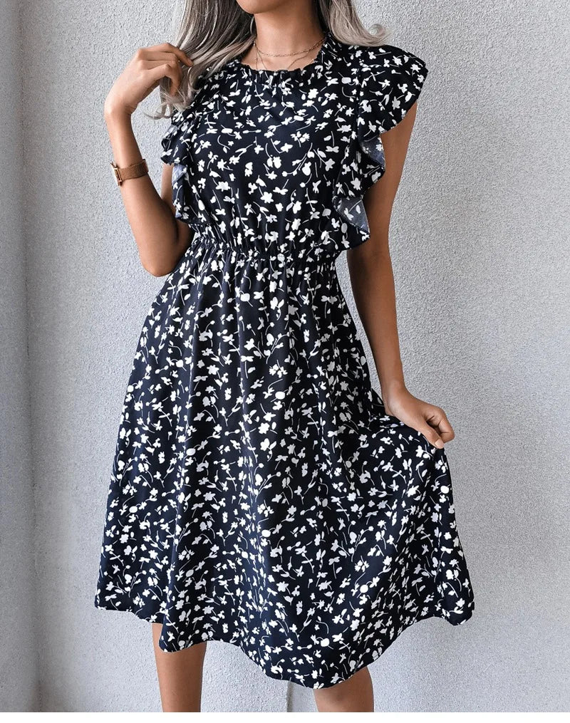 Women's Vintage Butterfly Sleeve Ruffles Heart Dot Print Medium Long Chiffon Spring Summer Dress