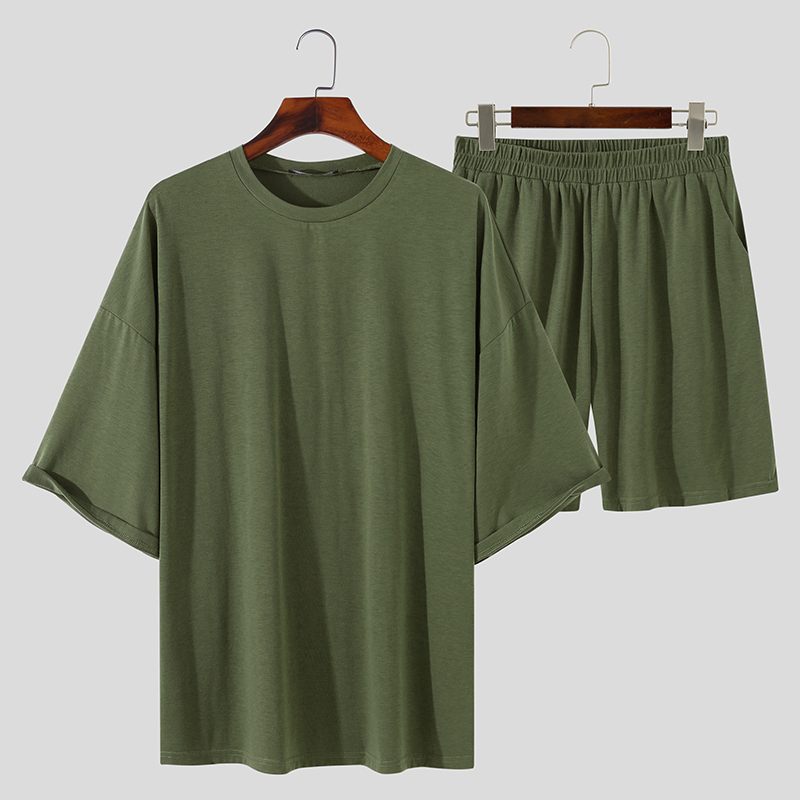 Men's Round Neck Half Sleeve T Shirt and Elastic Waist Shorts Set