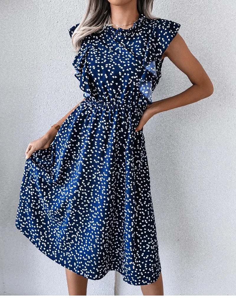 Women's Vintage Butterfly Sleeve Ruffles Heart Dot Print Medium Long Chiffon Spring Summer Dress
