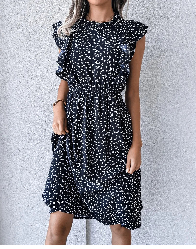 Women's Vintage Butterfly Sleeve Ruffles Heart Dot Print Medium Long Chiffon Spring Summer Dress