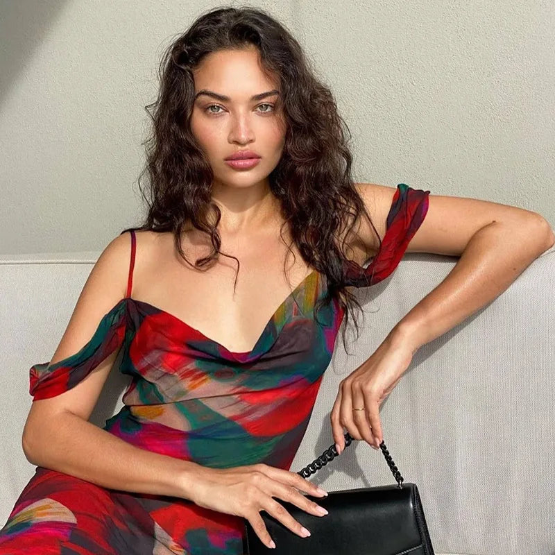 Women's Sleeveless Print Mesh See Through Slip Maxi Dress