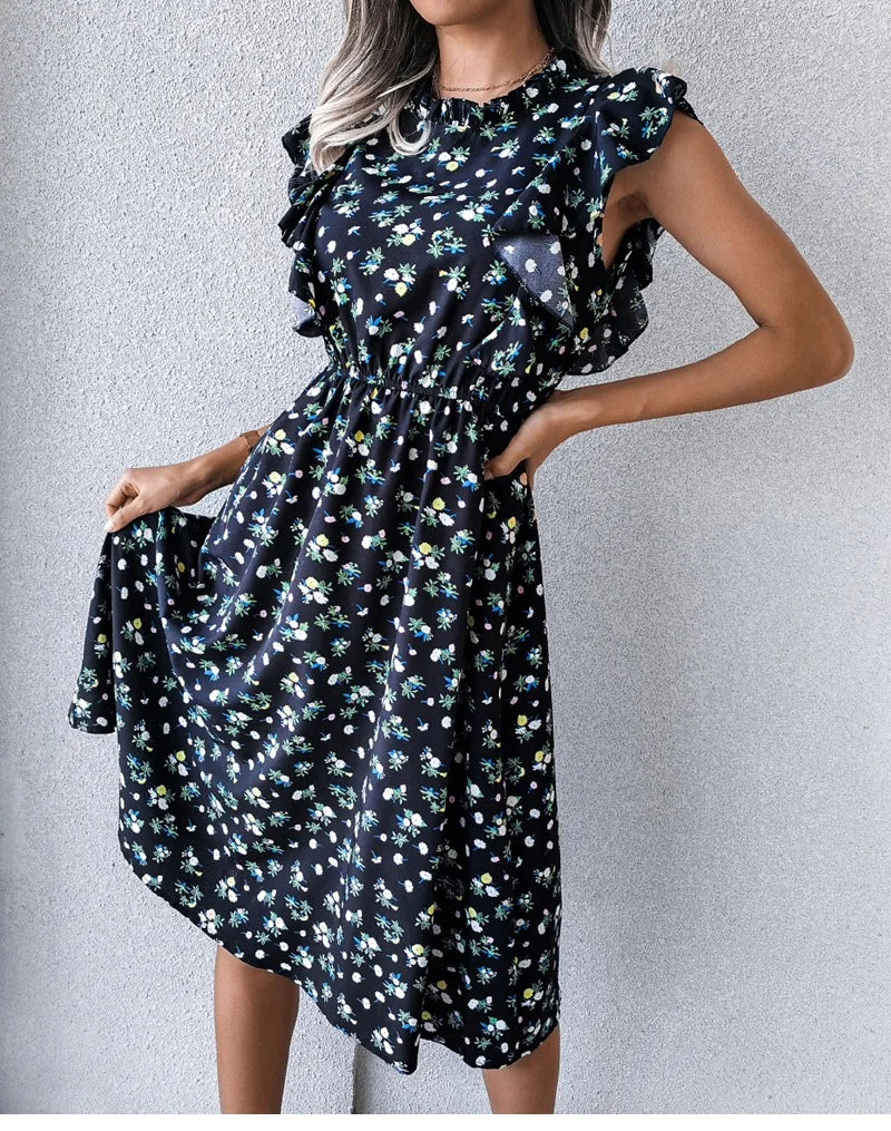 Women's Vintage Butterfly Sleeve Ruffles Heart Dot Print Medium Long Chiffon Spring Summer Dress