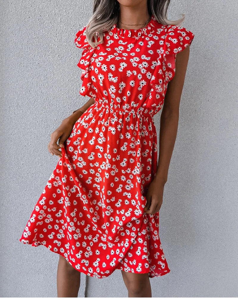 Women's Vintage Butterfly Sleeve Ruffles Heart Dot Print Medium Long Chiffon Spring Summer Dress