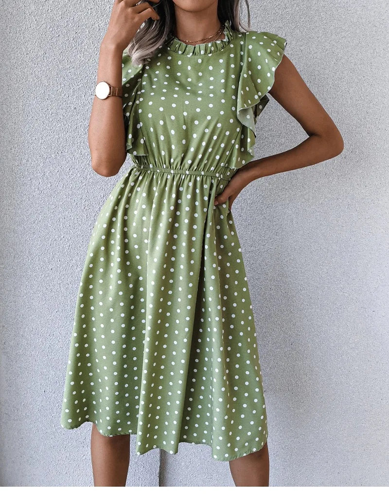 Women's Vintage Butterfly Sleeve Ruffles Heart Dot Print Medium Long Chiffon Spring Summer Dress