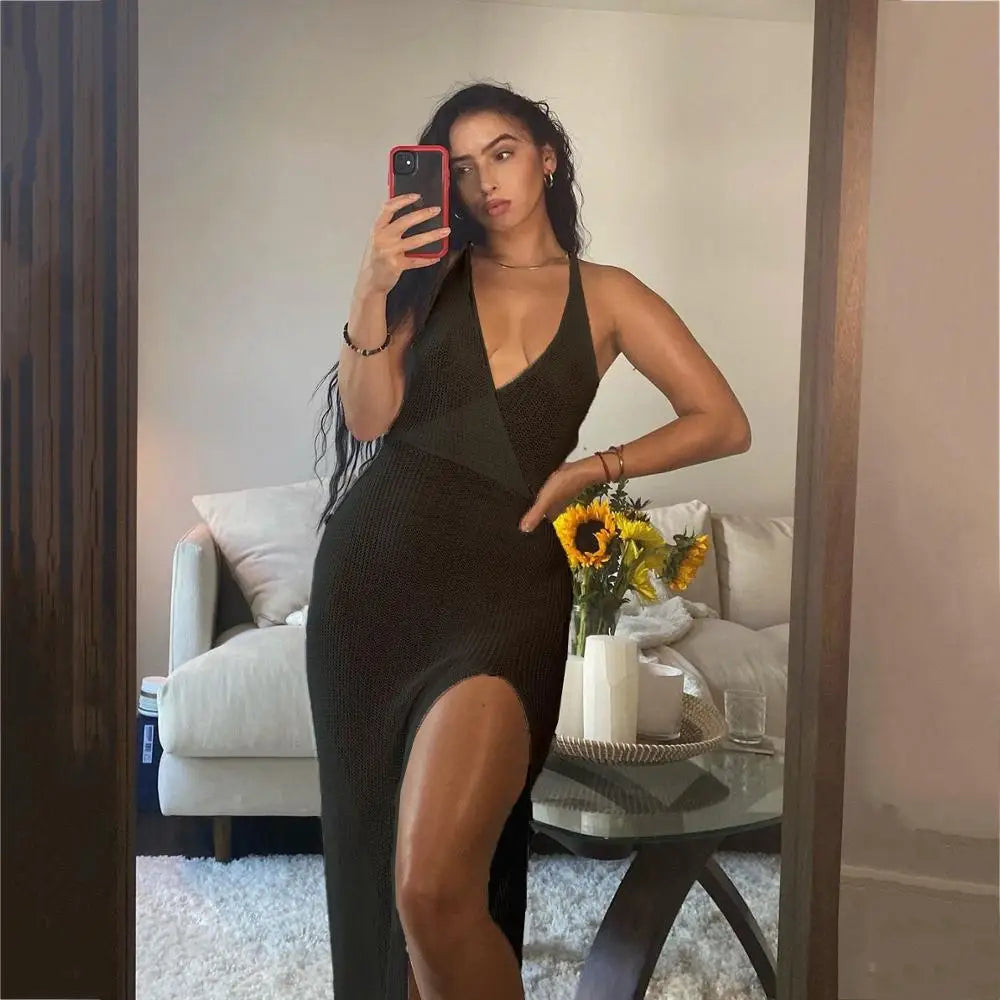 Women's Crochet Beach Maxi See Through Plunge Backless Bandage Sleeveless Lacing Split Long Dresses
