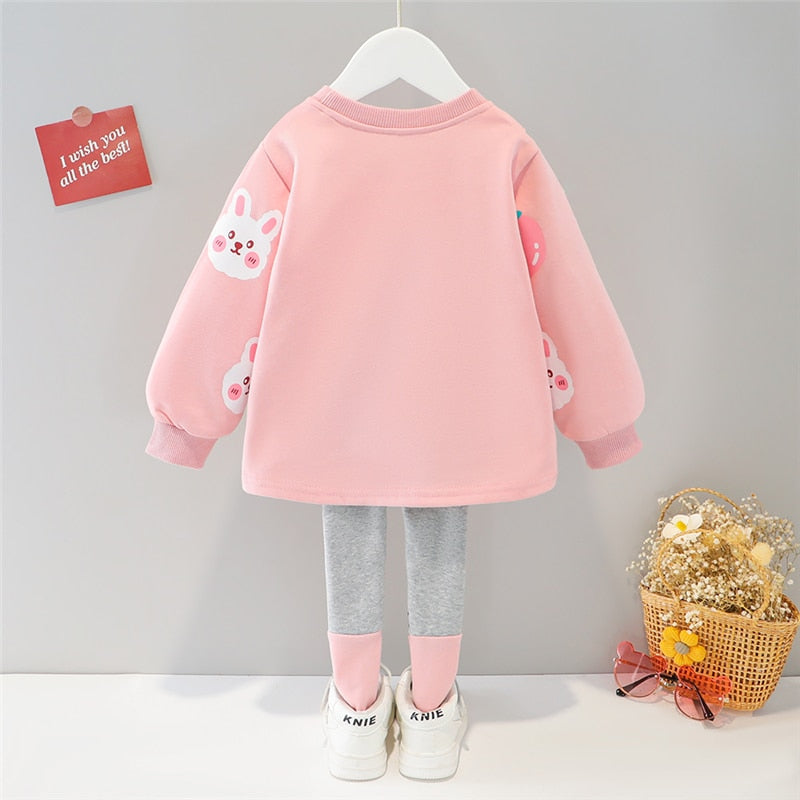 Girl's Cartoon Rabbit Long Sleeve T Shirt and Pants 2PCS Outfit Set