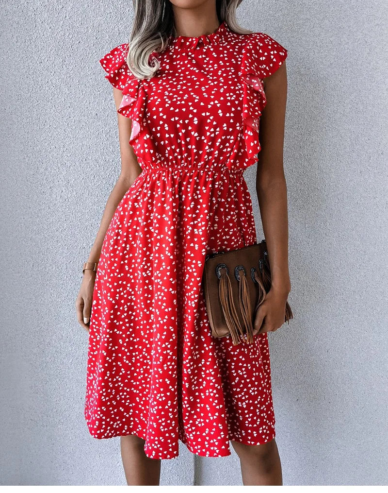 Women's Vintage Butterfly Sleeve Ruffles Heart Dot Print Medium Long Chiffon Spring Summer Dress