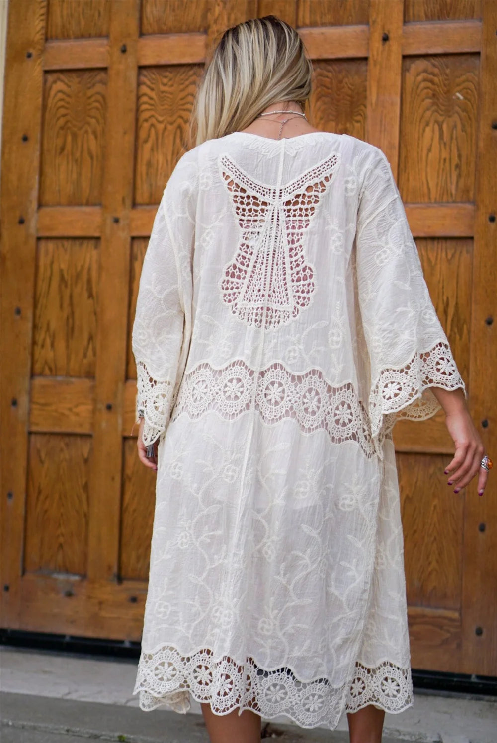 Women's Self Belted Long Lace Kimono Dress Bikinis Cover ups Beach Wear SwimSuit Cover Up robe