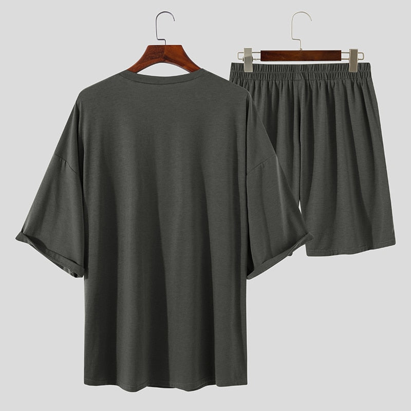 Men's Round Neck Half Sleeve T Shirt and Elastic Waist Shorts Set