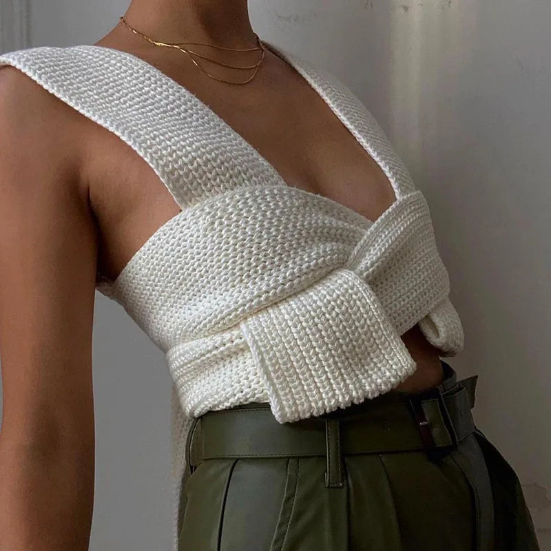 Women's Fall Winter Knitted Crop Top Sleeveless Pullover Bandage Sweater