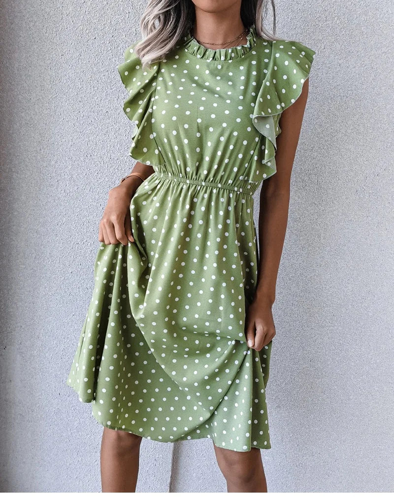 Women's Vintage Butterfly Sleeve Ruffles Heart Dot Print Medium Long Chiffon Spring Summer Dress