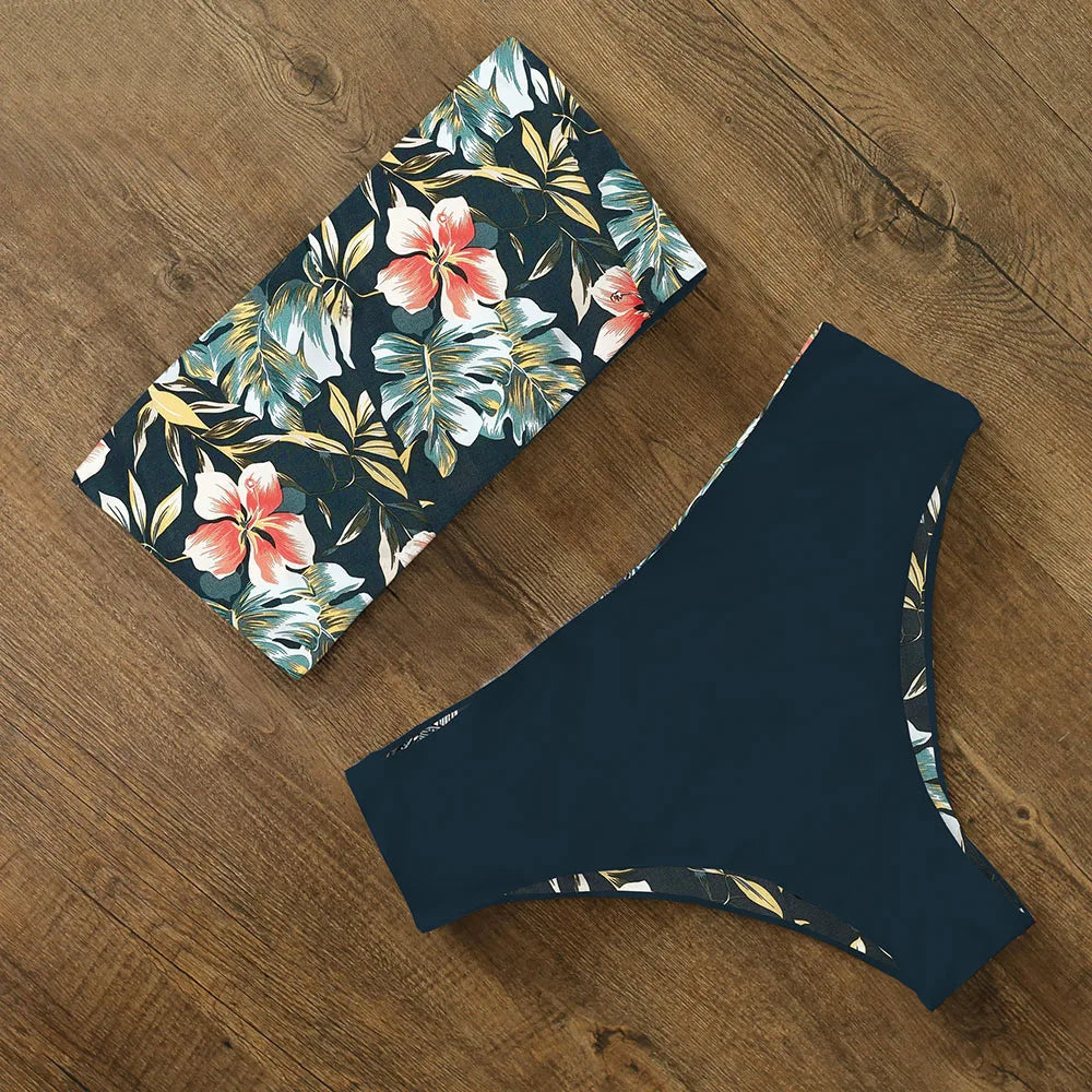 High Waist Bikini Set - Cross Back Bandeau Swimsuit with Print