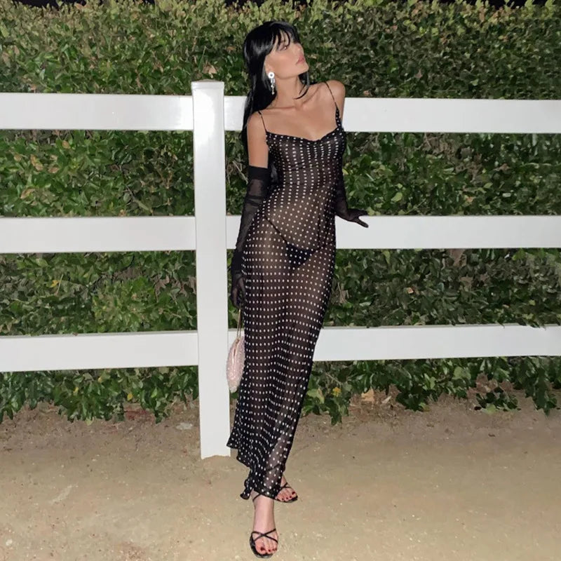 Women's Spaghetti Strap Polka Dot Maxi Backless  Mesh See Through Dress