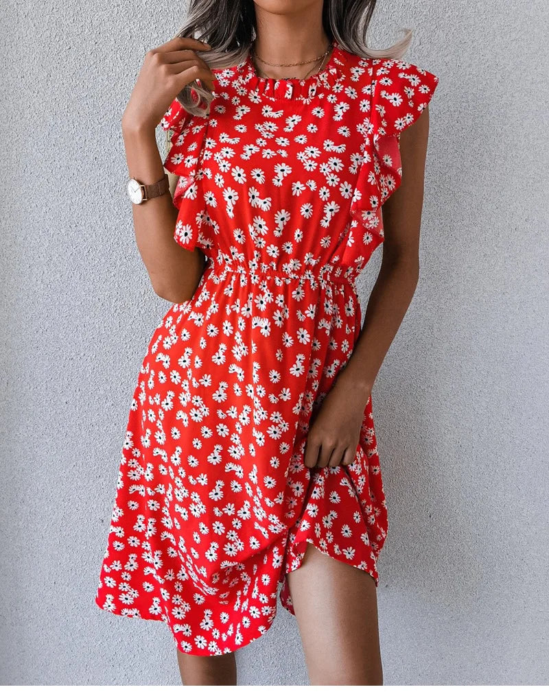 Women's Vintage Butterfly Sleeve Ruffles Heart Dot Print Medium Long Chiffon Spring Summer Dress