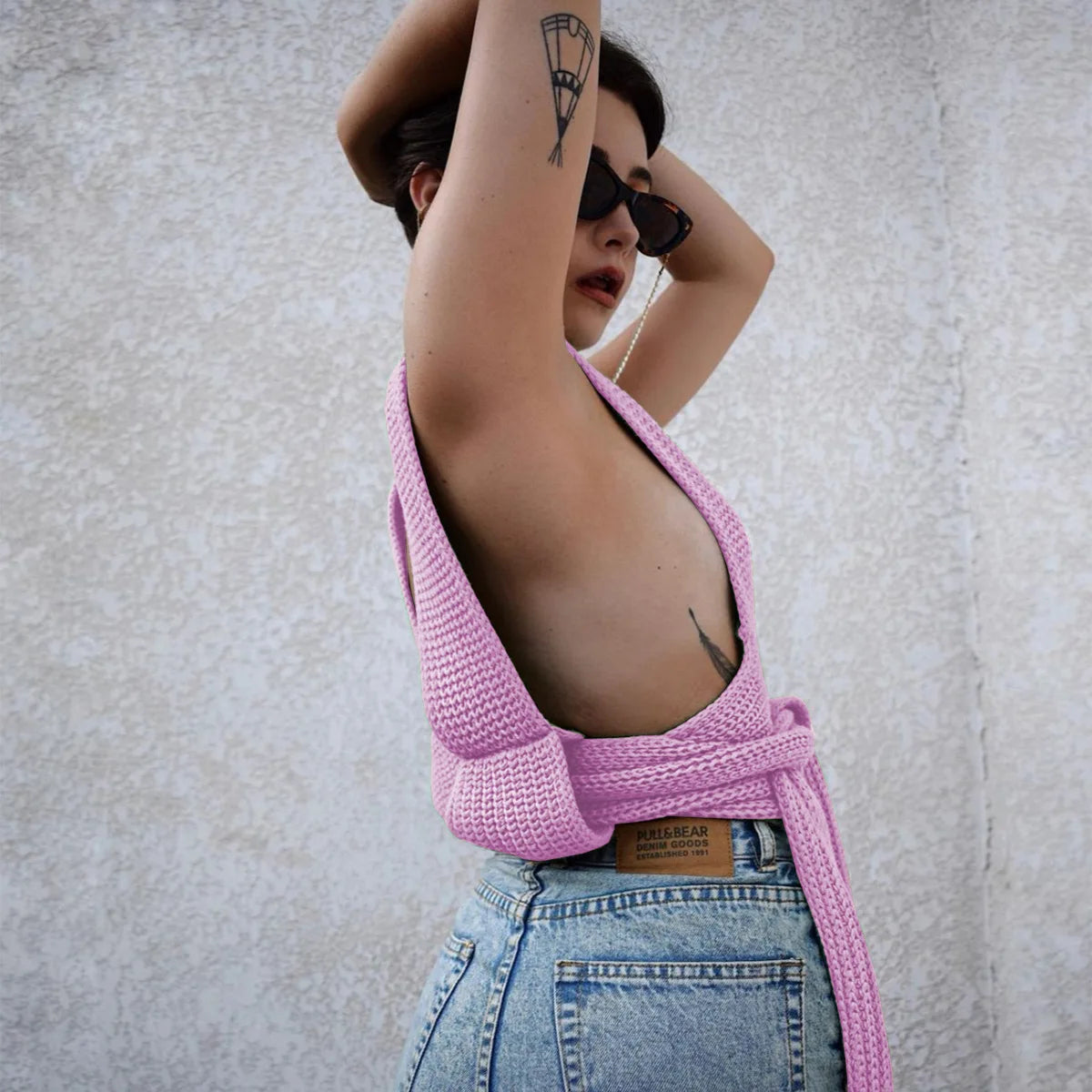 Women's Fall Winter Knitted Crop Top Sleeveless Pullover Bandage Sweater