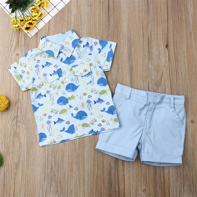 Summer Infant Boys Baby Kids Clothes Sets 1-6Y Whale Print Tops Shorts Pants Outfit Set