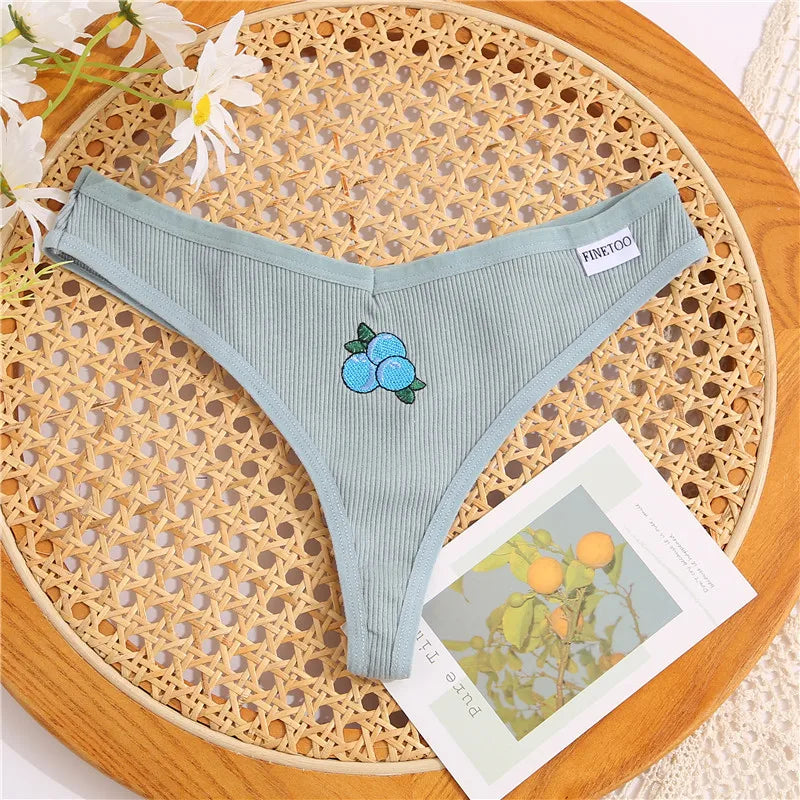 Women's Fruit Embroidery Thongs Cotton T-back Underpants G-string V Waist Underwear Bikini Lingerie