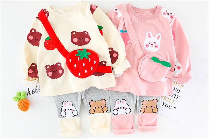 Girl's Cartoon Rabbit Long Sleeve T Shirt and Pants 2PCS Outfit Set