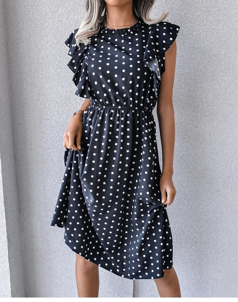 Women's Vintage Butterfly Sleeve Ruffles Heart Dot Print Medium Long Chiffon Spring Summer Dress
