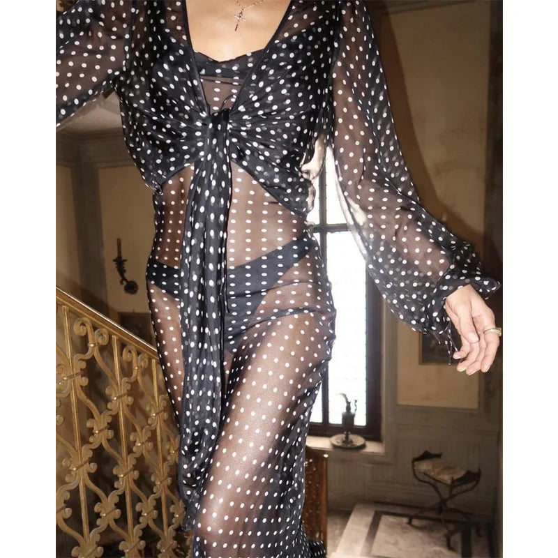 Women's Spaghetti Strap Polka Dot Maxi Backless  Mesh See Through Dress