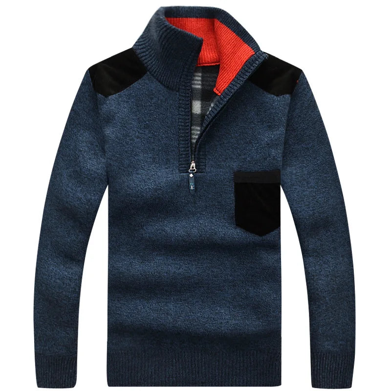 Men's Knitted Wool Fleece Thick Casual Pullover Patchwork Warm Pocket Standing Collar Sweater