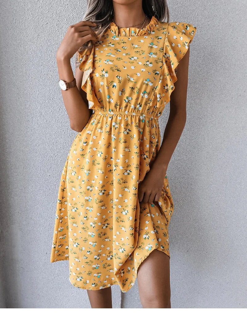 Women's Vintage Butterfly Sleeve Ruffles Heart Dot Print Medium Long Chiffon Spring Summer Dress