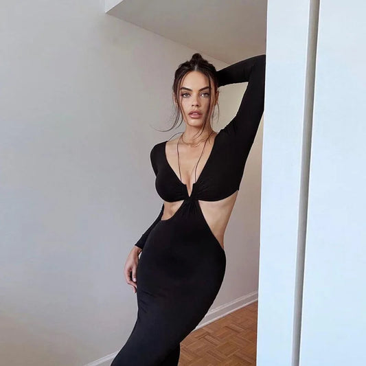 Women's Long Sleeve Halter Cut Out Black Maxi Split Long Dress