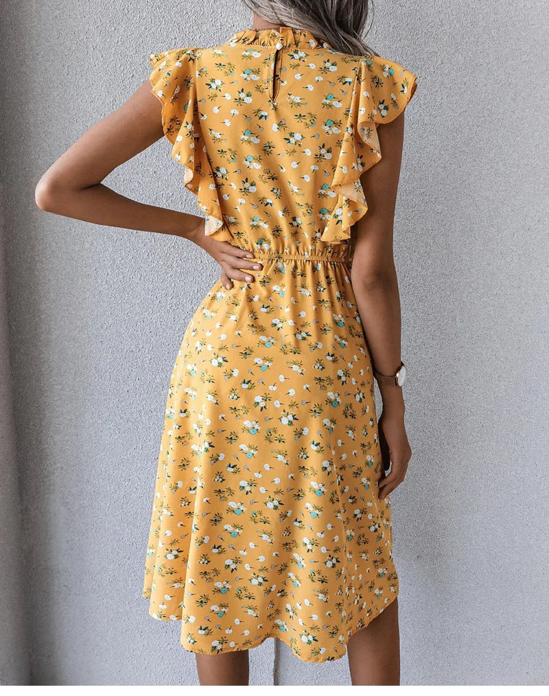 Women's Vintage Butterfly Sleeve Ruffles Heart Dot Print Medium Long Chiffon Spring Summer Dress