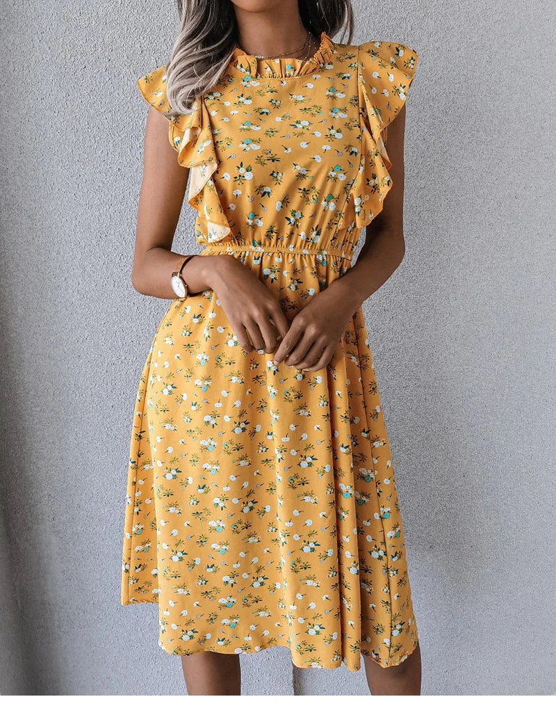Women's Vintage Butterfly Sleeve Ruffles Heart Dot Print Medium Long Chiffon Spring Summer Dress