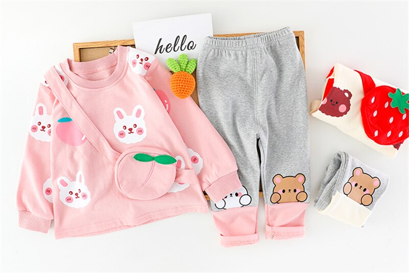 Girl's Cartoon Rabbit Long Sleeve T Shirt and Pants 2PCS Outfit Set
