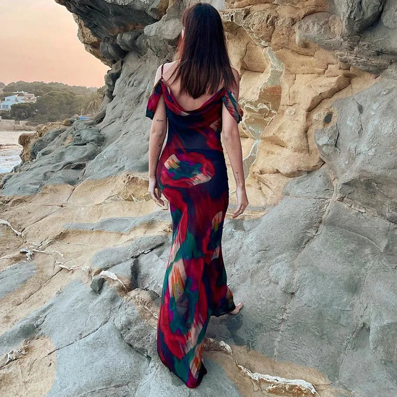 Women's Sleeveless Print Mesh See Through Slip Maxi Dress