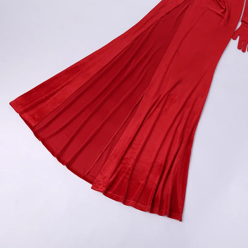 Women's Gown Long Dress - Gloves Sleeve Velvet Slit Maxi Ruched Dress