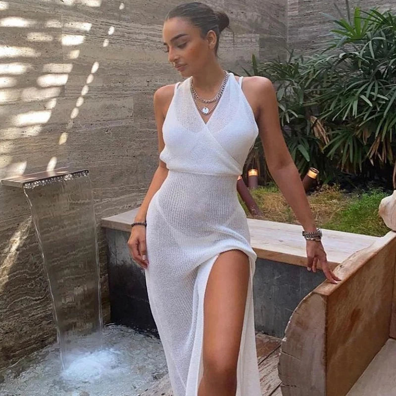 Women's Crochet Beach Maxi See Through Plunge Backless Bandage Sleeveless Lacing Split Long Dresses