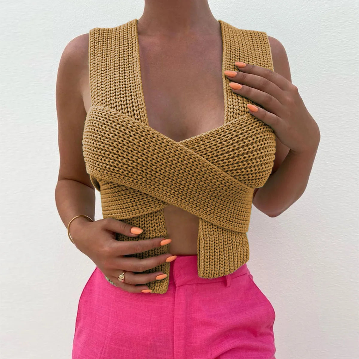 Women's Fall Winter Knitted Crop Top Sleeveless Pullover Bandage Sweater
