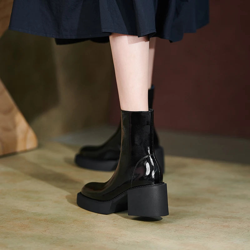 Genuine Leather Women Boots Platform Chunky Boots