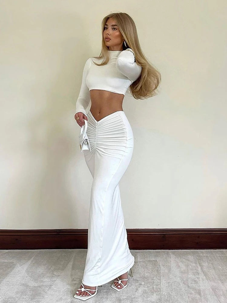 Women's Long Sleeve 2 Piece Set Outfit -Top and Dress Sets Long Ruched Matching Set