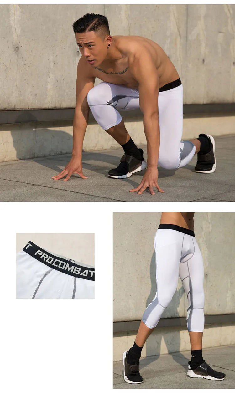 Men's Sports 3/4 Cropped Gym Running Leggings  Elastic Compressions Sweatpant Tights