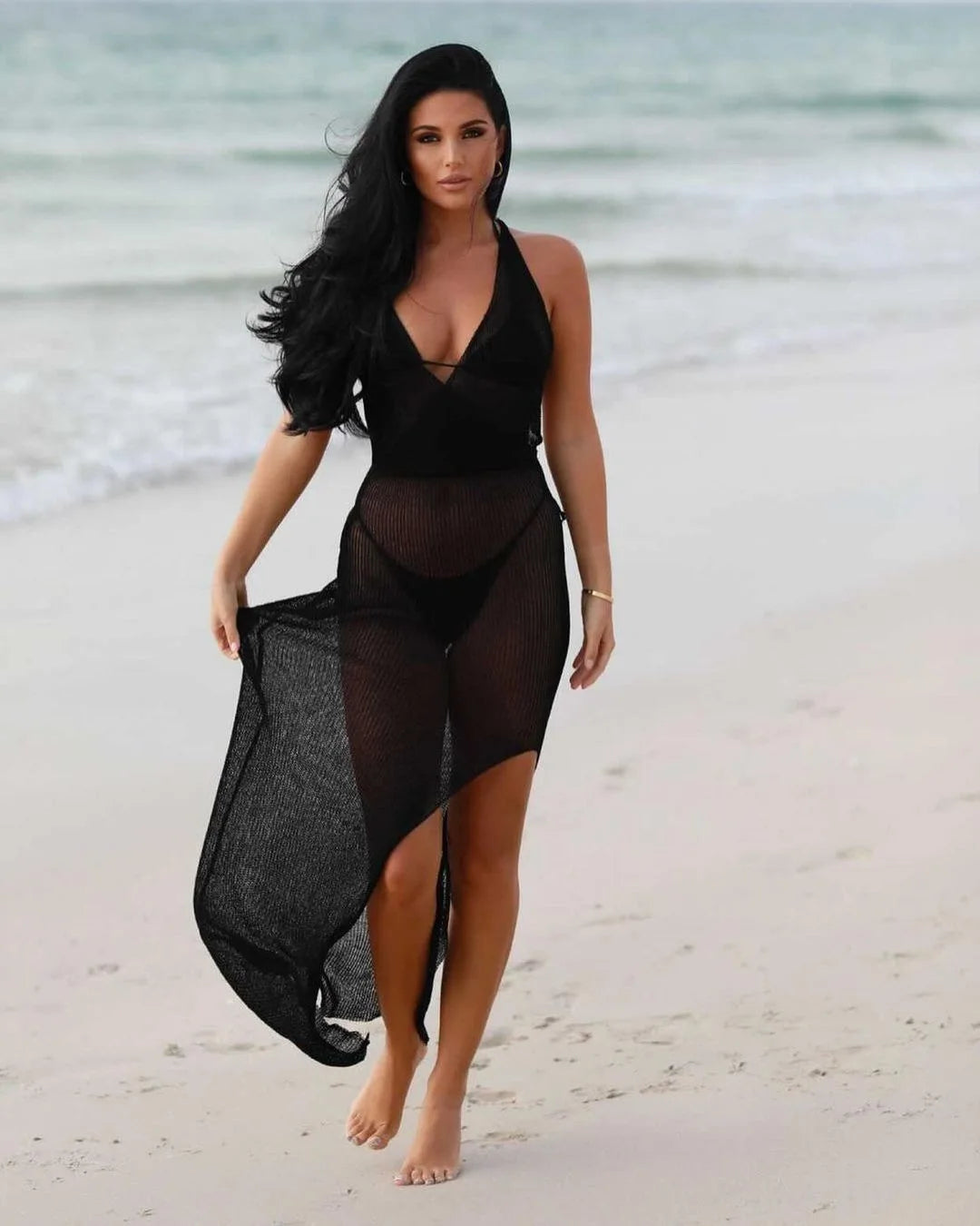 Women's Crochet Beach Maxi See Through Plunge Backless Bandage Sleeveless Lacing Split Long Dresses